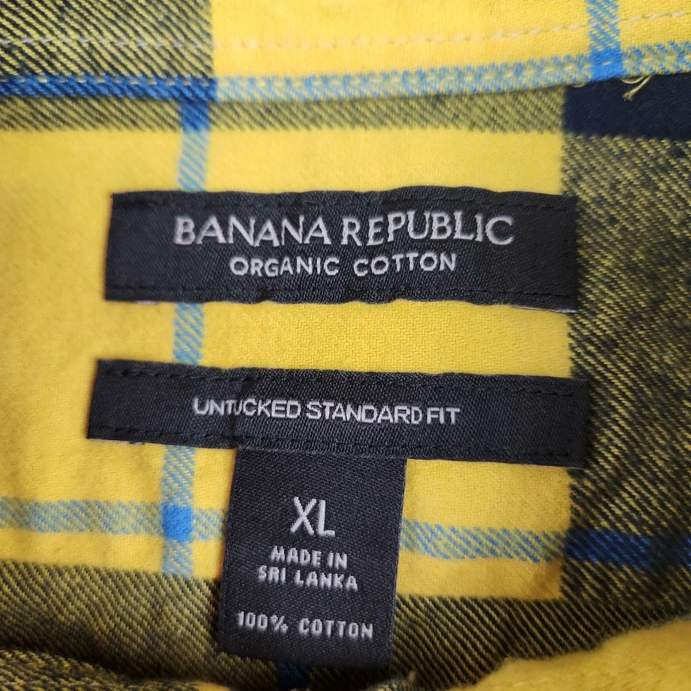 Banana Republic Mens XL Yellow Navy Plaid Flannel Organic Cotton Untucked Shirt